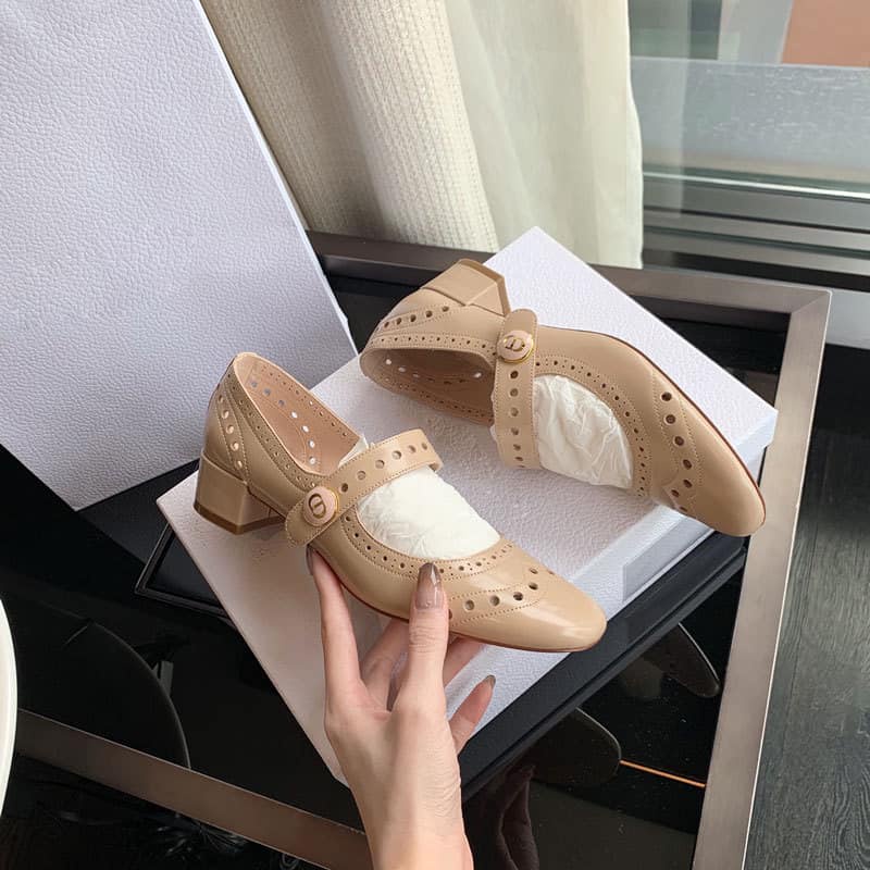 Giày vintage da mềm đục lỗ quai ngang gót 3cm thanh lịch-ORD