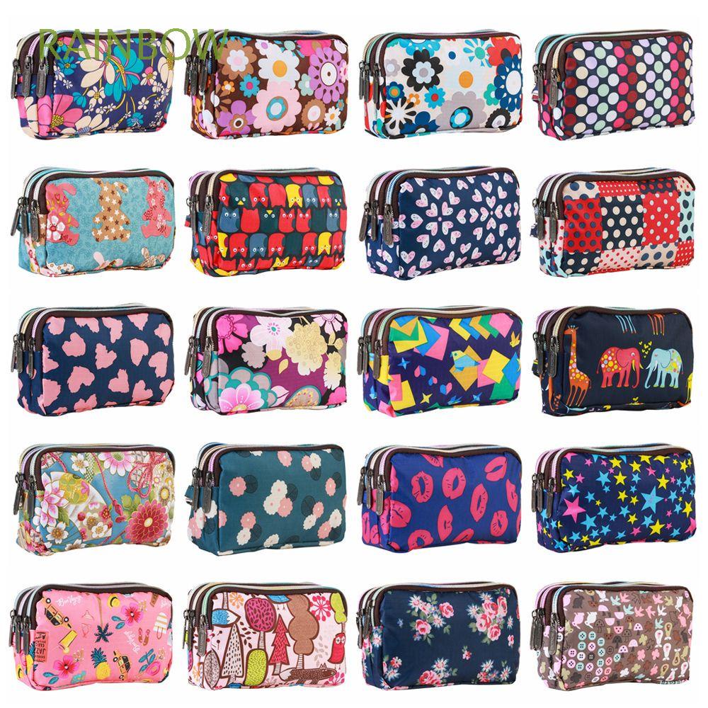 Túi tích hợp ví cầm tay mini dùng đựng tiền xu/điện thoại vải canvas chống thấm nước in họa tiết hoa màu cầu vồng cho nữ