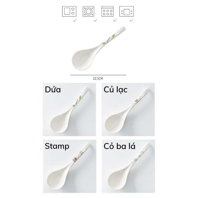 Muỗng canh - muôi canh sứ trắng - với nhiều hoạ tiết dứa, lạc, tem, lá và hoa quả xinh xắn
