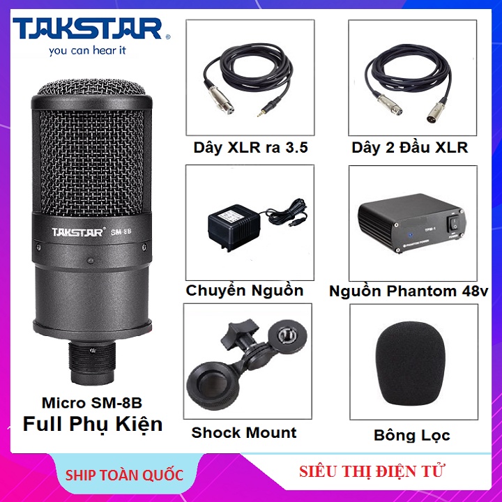 Micro Takstar SM-8B, Tặng Dây Canon - Mic Hát Live Stream Thu Âm Chuyên Nghiệp, Nguồn Phantom 48v, Dây Đầy Đủ