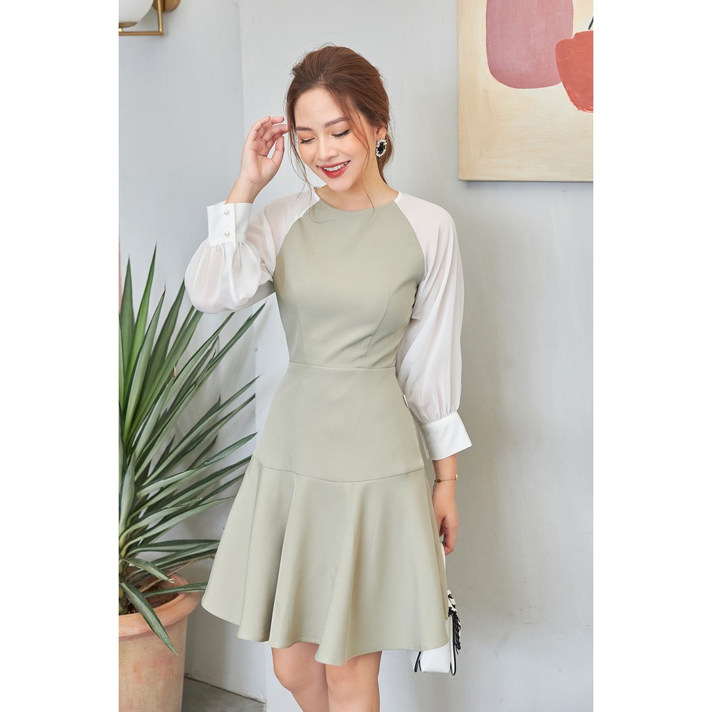 Đầm xòe dài tay vải tuýt phối voan - 20Again