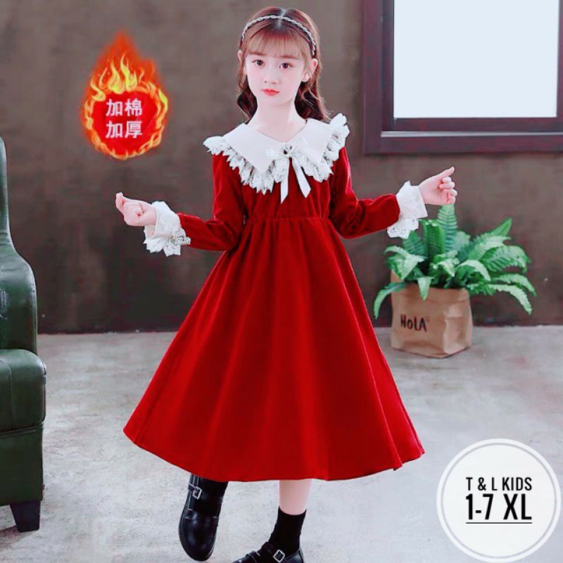 Váy nhung  cổ tiểu thư tay bồng cho bé gai