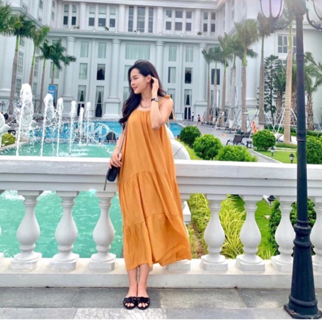 Đầm maxi vàng 2s cột vai