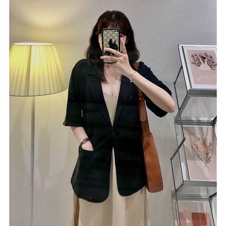 Áo khoác Vest Blazer 2 nút túi nắp trắng đen nude tay ngắn (ảnh thật) | BigBuy360 - bigbuy360.vn