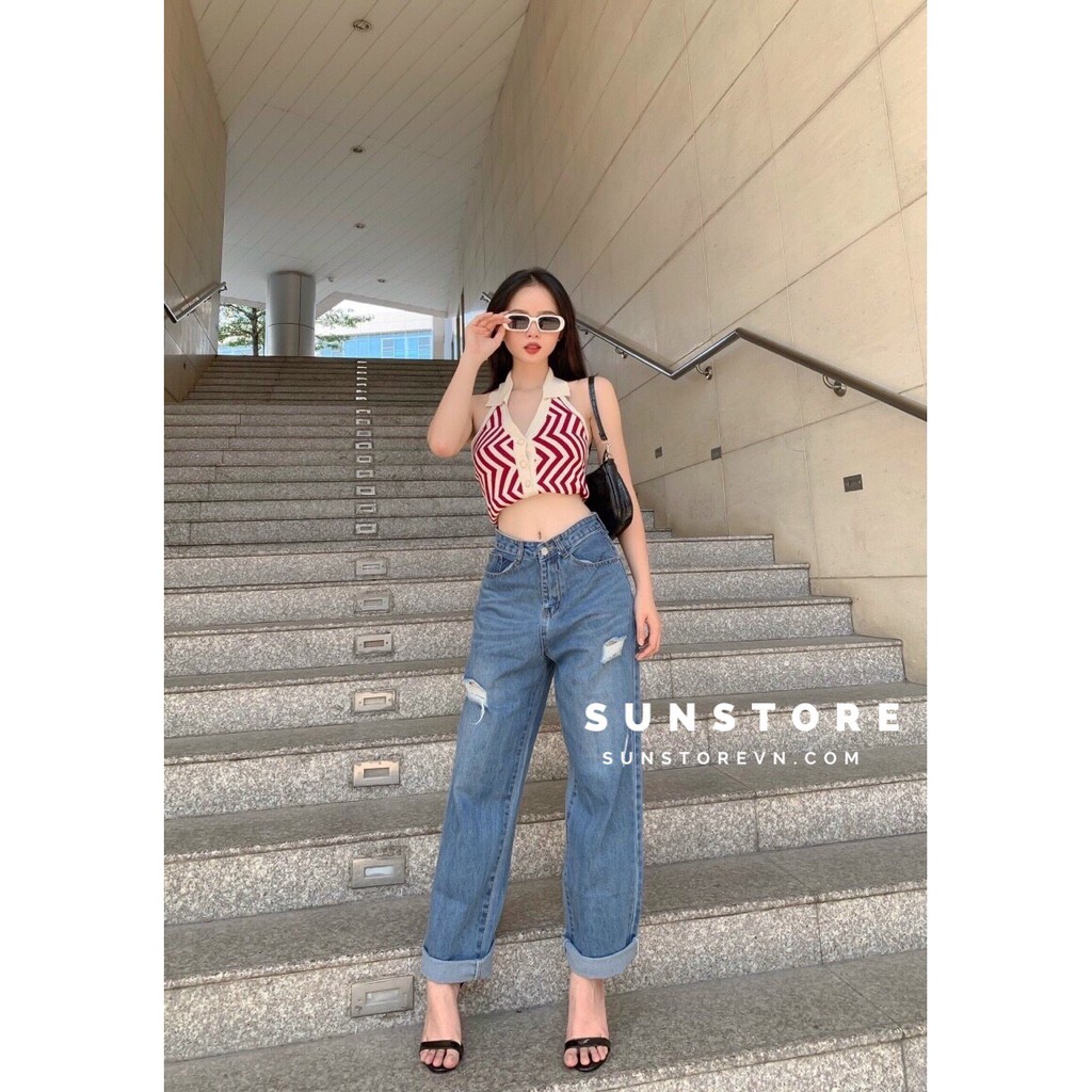 Quần jeans culottes xanh rách nhẹ jiino culottes jeans