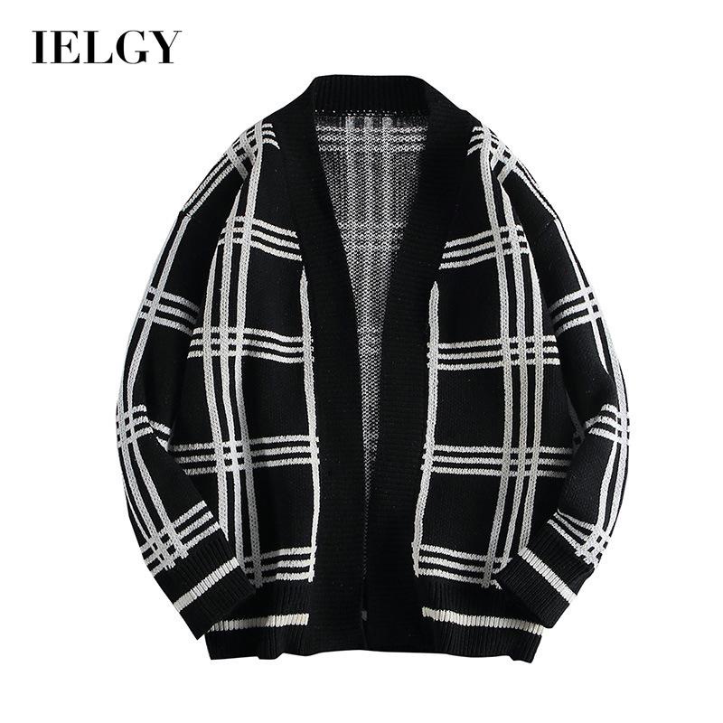 Áo sweater IELGY dáng rộng dày phối màu kẻ sọc caro thời trang cho nam màu trắng đen