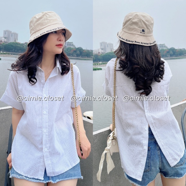 Áo sơ mi dáng rộng kẻ sọc nhỏ khuy sau Ulzzang Hàn Quốc
