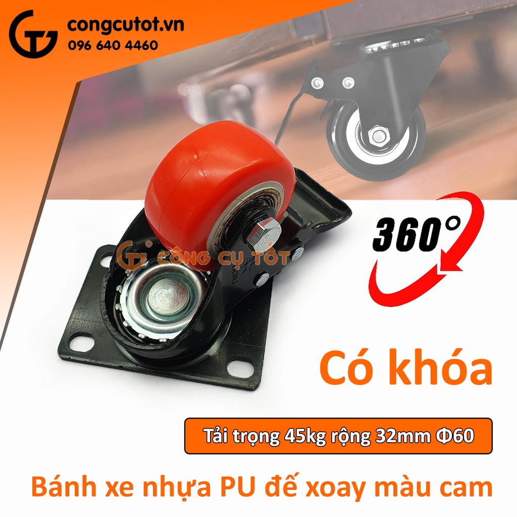 Bánh xe đẩy mặt đế xoay tải trọng 45kg lốp cam trắng rộng 32mm Φ60mm