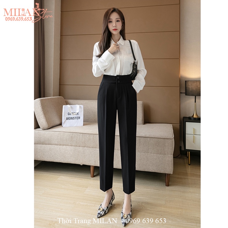 Quần baggy công sở nữ cạp cao bản to đi học làm 2 tầng khuy dáng quần tây nữ lưng cao vải dày màu đen học sinh đi học
