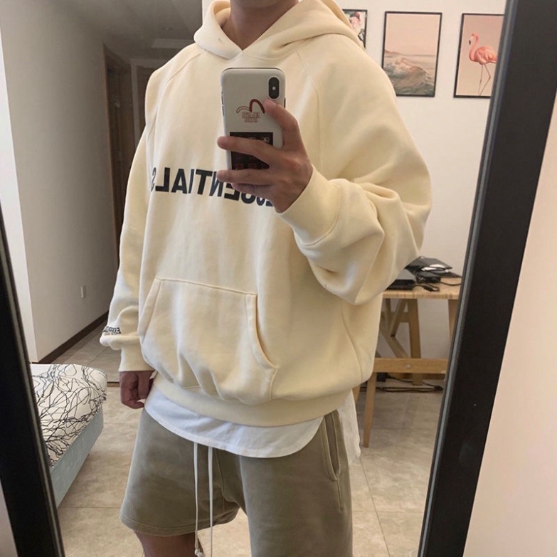 Áo hoodie Unisex chữ ESENTIALS màu đen trắng be xám đậm chất nỉ bông có mũ dài tay phong cách Ulzzang form rộng | BigBuy360 - bigbuy360.vn