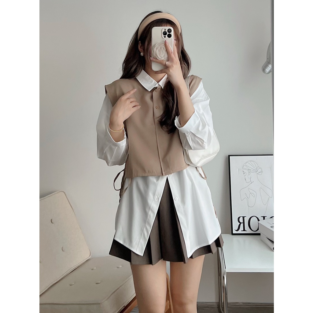 Set áo sơ mi 2 món mix áo gile buộc dây, set áo kiểu buộc dây 2 bên