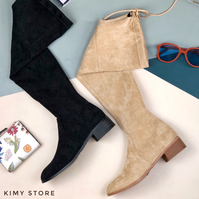 Boot đùi nữ cổ cao da nỉ lộn gót 3cm chống xước-boots xuất Âu- Kimy Store