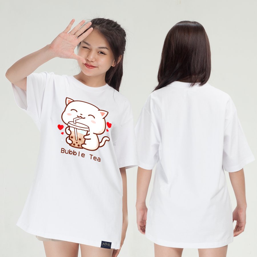 Áo thun unisex tay lỡ hình mèo uống trà sữa anime local brand MVR KK1414
