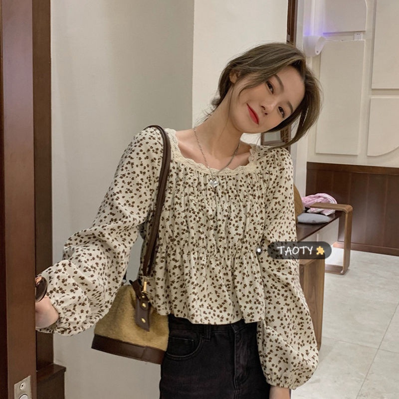 Áo Sơ Mi Ngắn Tay Dài Cổ Vuông In Họa Tiết Hoa Thời Trang Mùa Thu Kiểu Pháp Cổ Điển