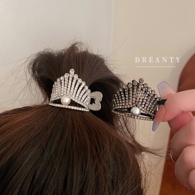 Kẹp Tóc Đuôi Ngựa Hình Vương Miện Bằng Kim Loại Đính Hạt Ngọc Trai Thời Trang