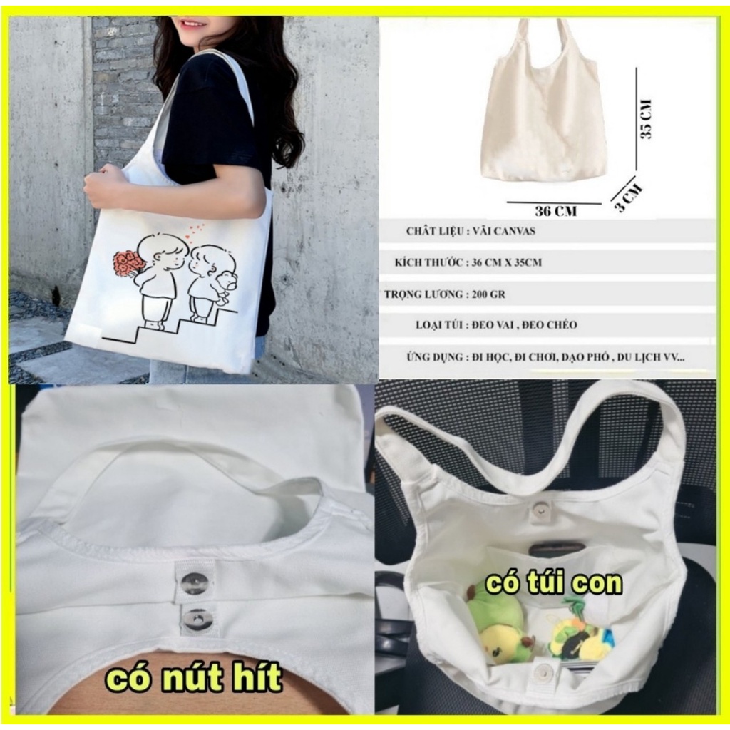 Túi tote đeo vai cute vải canvas giá rẻ đẹp đi học đi chơi TN79