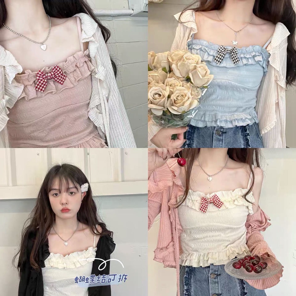 Jiashucheng Áo Hai Dây Ôm Dáng Mềm Mại Đính Nơ Thời Trang Mùa Hè Nhật Bản Cho Nữ We