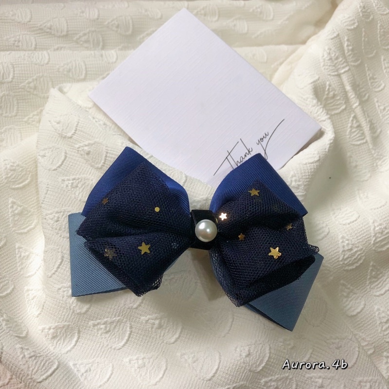 kẹp nơ ánh sao ruy băng phối ren đính ngọc nàng thơ hàn quốc- handmade