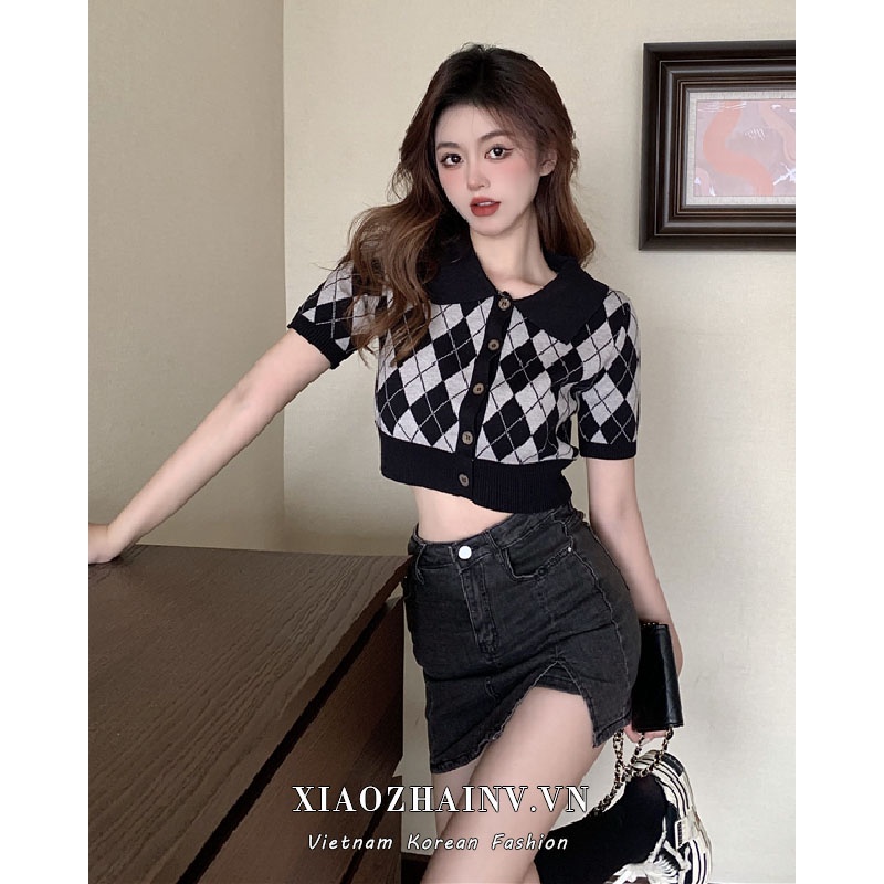 Xiaozhainv Áo Croptop Dệt Kim Họa Tiết Caro Phong Cách Vintage Thời Trang Mùa Hè Cho Nữ
