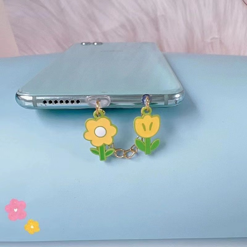cute dây đeo điện thoại Hình Hoa Tulip nút bịt cổng sạc điện thoại dễ thương chống bụi móc khóa iphone samsung oppo type c Phụ Kiện Trang Trí