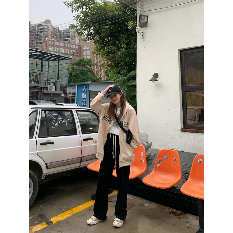 Quần dài thể thao ống rộng lưng thun co giãn màu đen phong cách Hàn Quốc sành điệu cho nữ