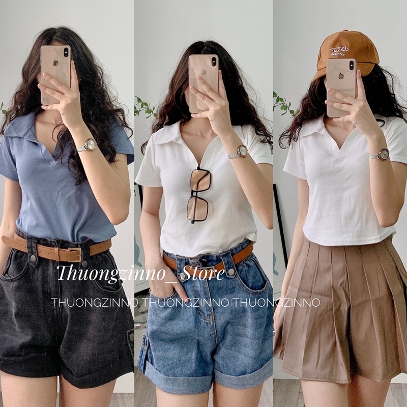 Áo Croptop cổ đức Kiểu Nữ Ôm Body SANJOLI Polo có cổ sơ mi thun Tay Ngắn Form Rộng sexy Cá tính thể thao màu trắng đen