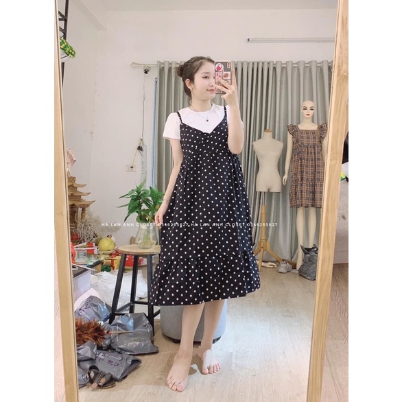 Váy bầu đầm yếm sét bâu 2 món áo rời chất lụa Hàn chấm bi xinh xắn nhẹ, mát lịm, thấm hút mồ hôi an toàn cho da mẹ bầu