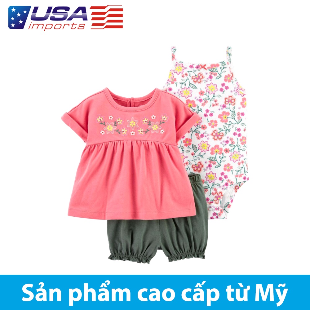 Set 3 món áo hồng thêu hoa kèm quần short rêu Car-tờ Auth Từ Mỹ (1L712410)