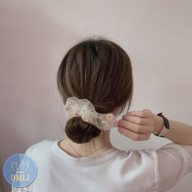 [Mã FAMARAL2 giảm 10K đơn 50K]Cột Tóc Vải Scrunchies Họa Tiết Hoa Cúc Trong Suốt Nhiều Màu