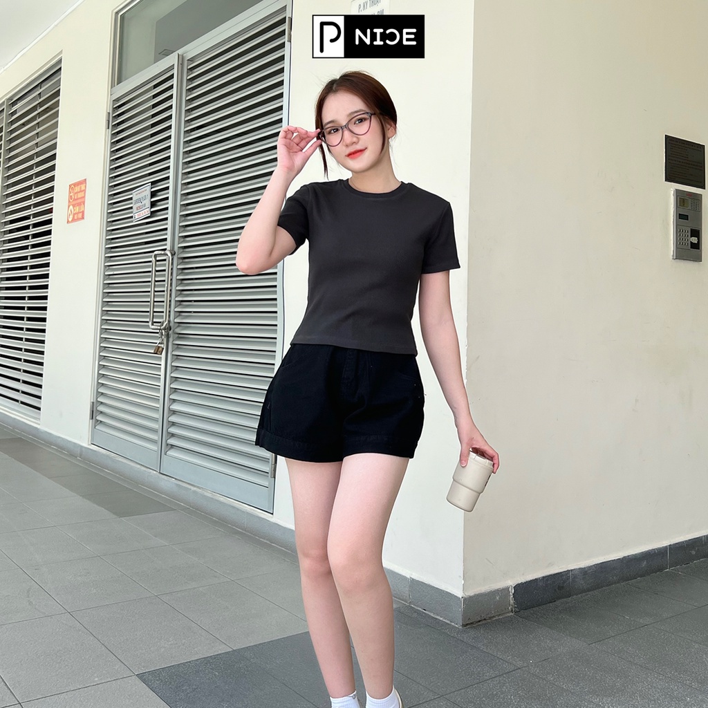 - Áo thun gân nữ trơn cổ tròn ngắn tay body phông thoáng mát Pnice chất vải dày dặn