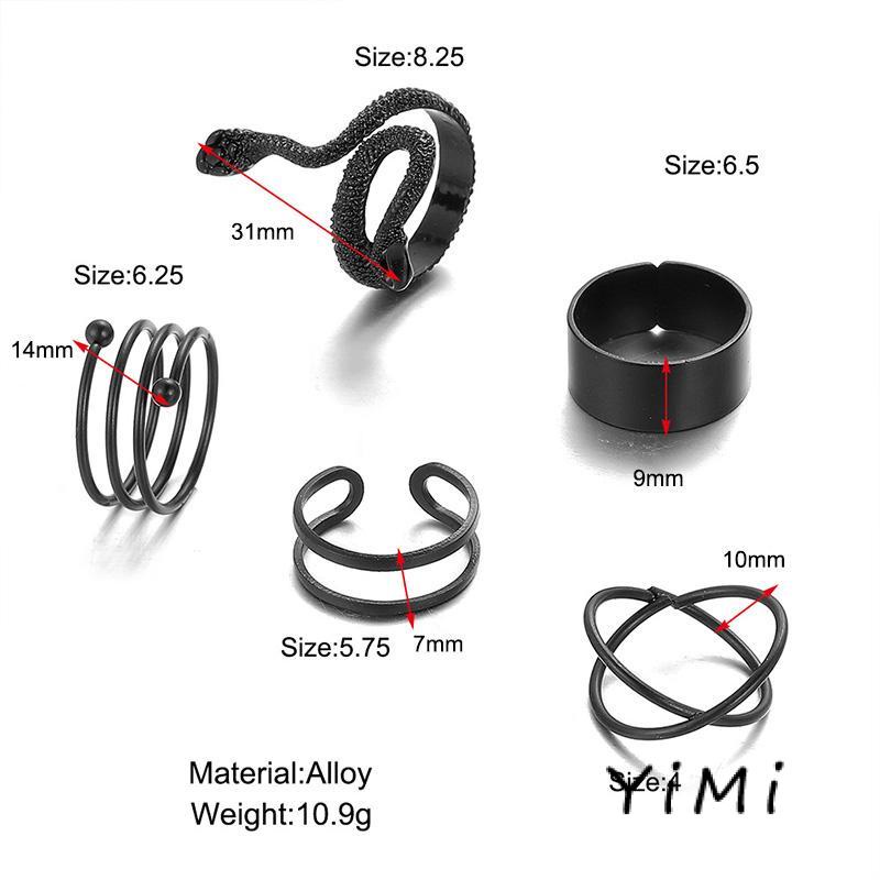 Set 5 Nhẫn Hình Rắn Đen Hở Có Thể Điều Chỉnh Kích Cỡ Cho Nữ