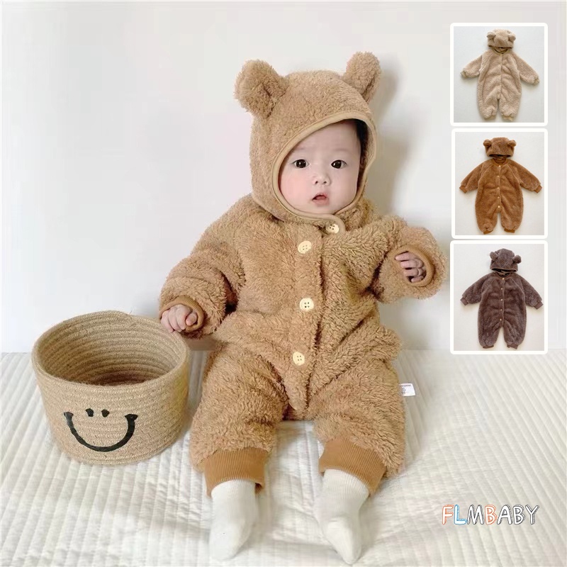 Bộ Áo Liền Quần Tay Dài Màu Trơn Kèm Mũ Giữ Ấm In Hình Gấu Dễ Thương Cho Bé Sơ Sinh 0-2 Tuổi