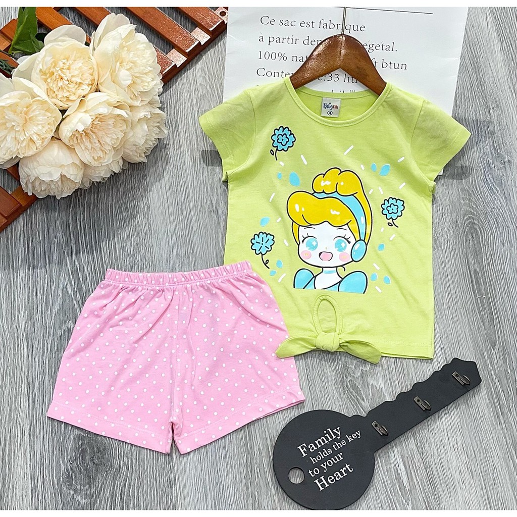 0-4T | Bé gái | Bộ ngắn thun cotton thắt nơ eo phối quần bông