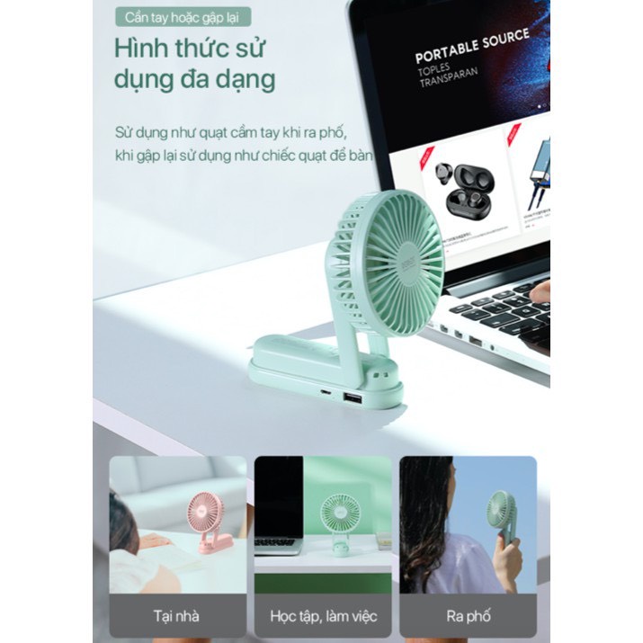 Quạt Mini Cầm Tay Power Bank 2000mAh 3 Tốc Độ Gió -ROBOT RT-BF11- BH 1 ĐỔI 1 12 THÁNG--Hàng Chính Hãng