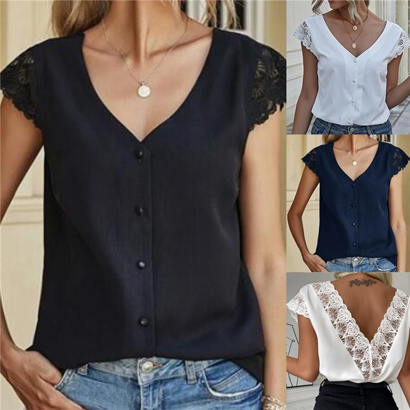 MỚI Áo kiểu tay ngắn cổ chữ V khoét sâu hở lưng màu trơn phối ren thời trang cho nữ