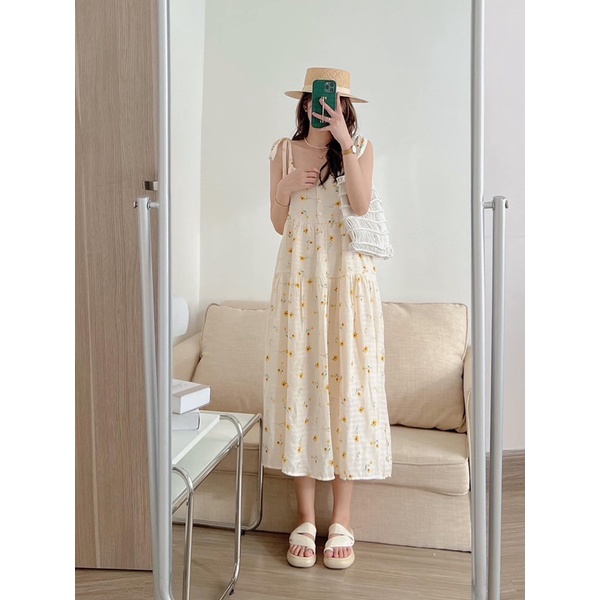 Đầm , váy hai dây hoa nhi vàng vintage ,váy babydoll dáng dài đi biển , đi du lịch cực xinh by YANSOO