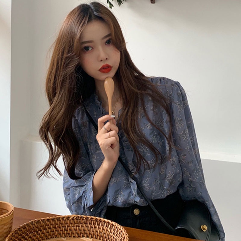 Áo sơ mi kiểu XINLANYASHE chiffon tay dài phồng họa tiết hoa dễ phối đồ phong cách Hàn Quốc Hawaii đáng yêu cho nữ