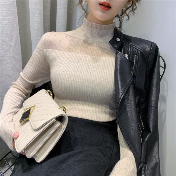 Áo thun tay dài cổ lọ phối ren dáng ôm thời trang trẻ trung