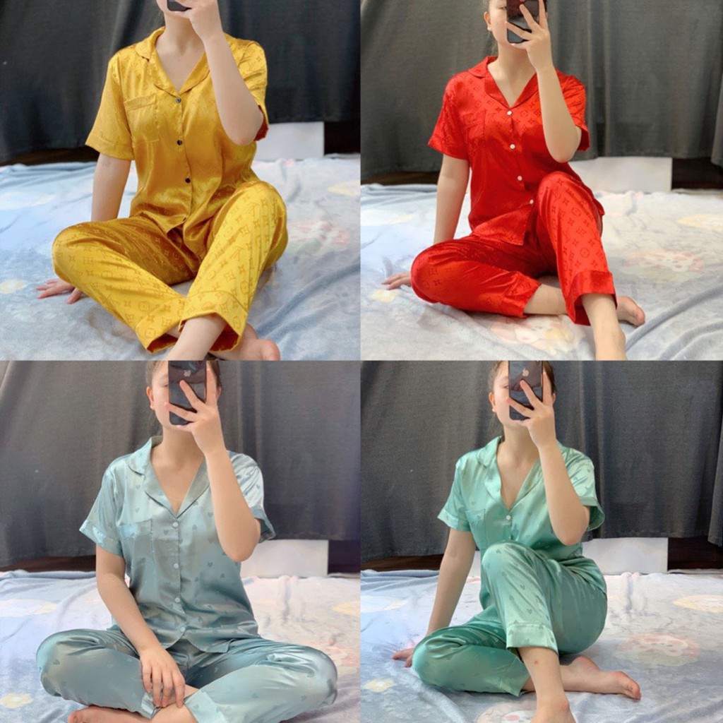 Bộ đồ ngủ gấm dáng dài, màu vàng siêu hot, mềm mát, có size to/