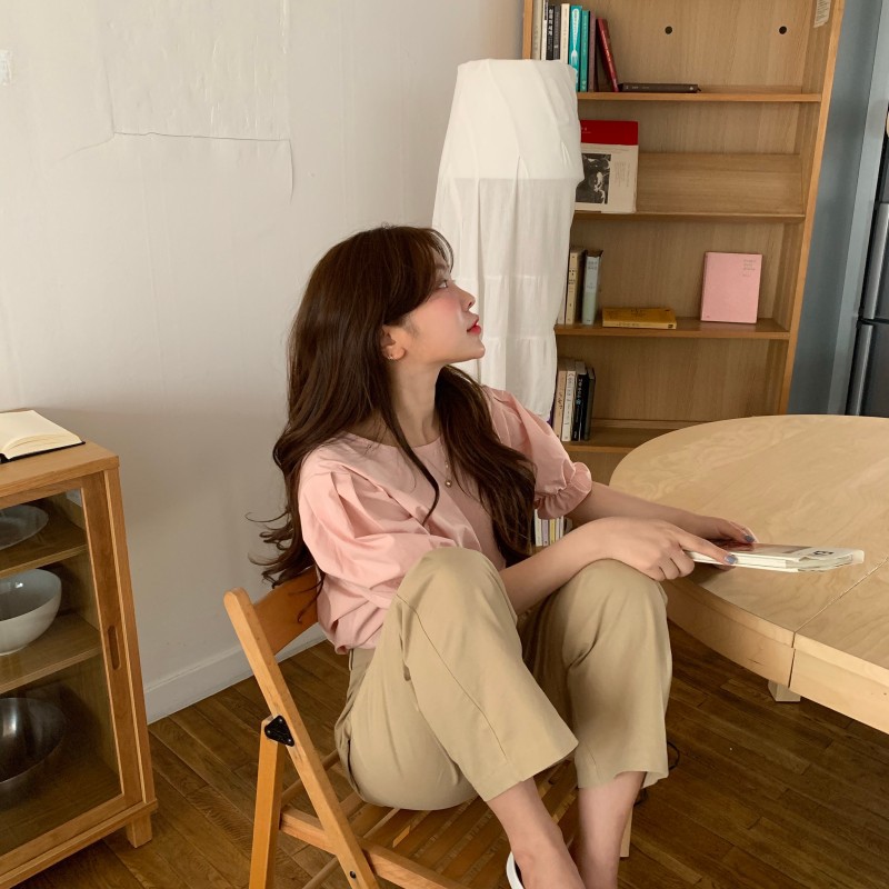 Xiaozhainv Áo tay ngắn dáng rộng phong cách Hàn trẻ trung