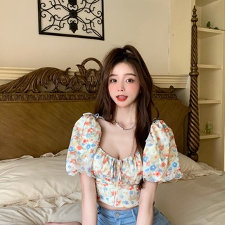 Áo Sơ Mi Voan Hoa Cổ Vuông Tay Phồng Thiết Kế Mới Thời Trang Mùa Hè Cho Nữ