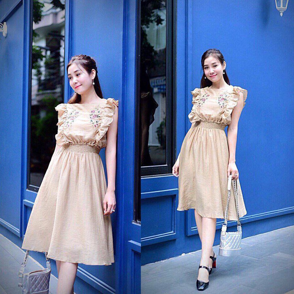 Đầm xoè tay viền bèo thêu hoa nhún eo siêu iu MP449🎀(2MÀU)🆕- kèm hình chụp thật sp 💯