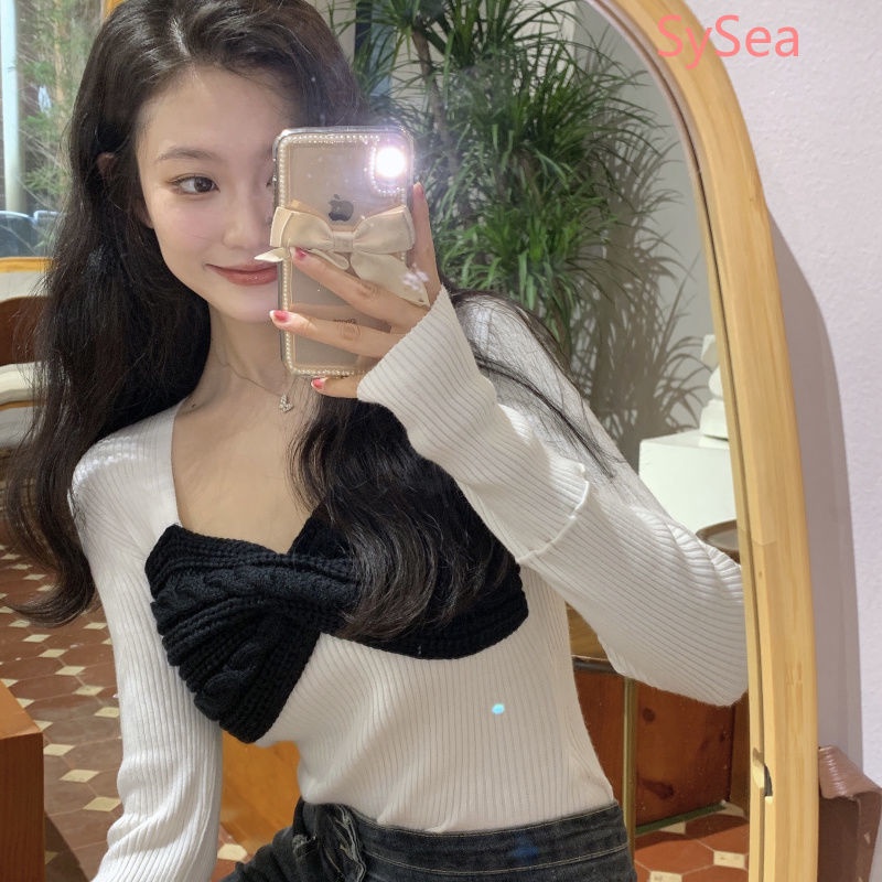 Áo sweater dệt kim dài tay cổ vuông thiết kế quyến rũ thời trang cho nữ