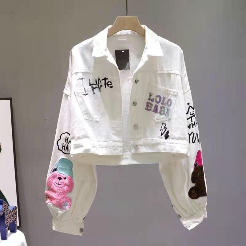 Áo Khoác Denim Dáng Ngắn In Hoạt Hình Cá Tính
