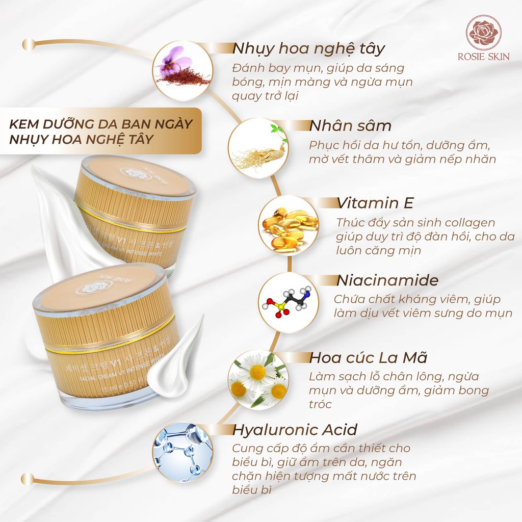 Kem Dưỡng Trắng Da Mặt Ban Ngày Tinh Chất Nhụy Hoa Nghệ Tây Rosie Skin - FACIAL CREAM v1 INTENSE WHITE 15ml