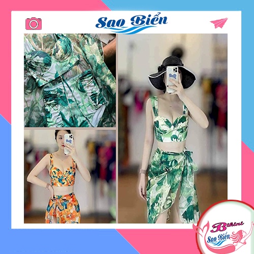 Bikini Cao Cấp - set 3 món sang trọng có khăn quấn quyến rũ họa tiết xanh - cam