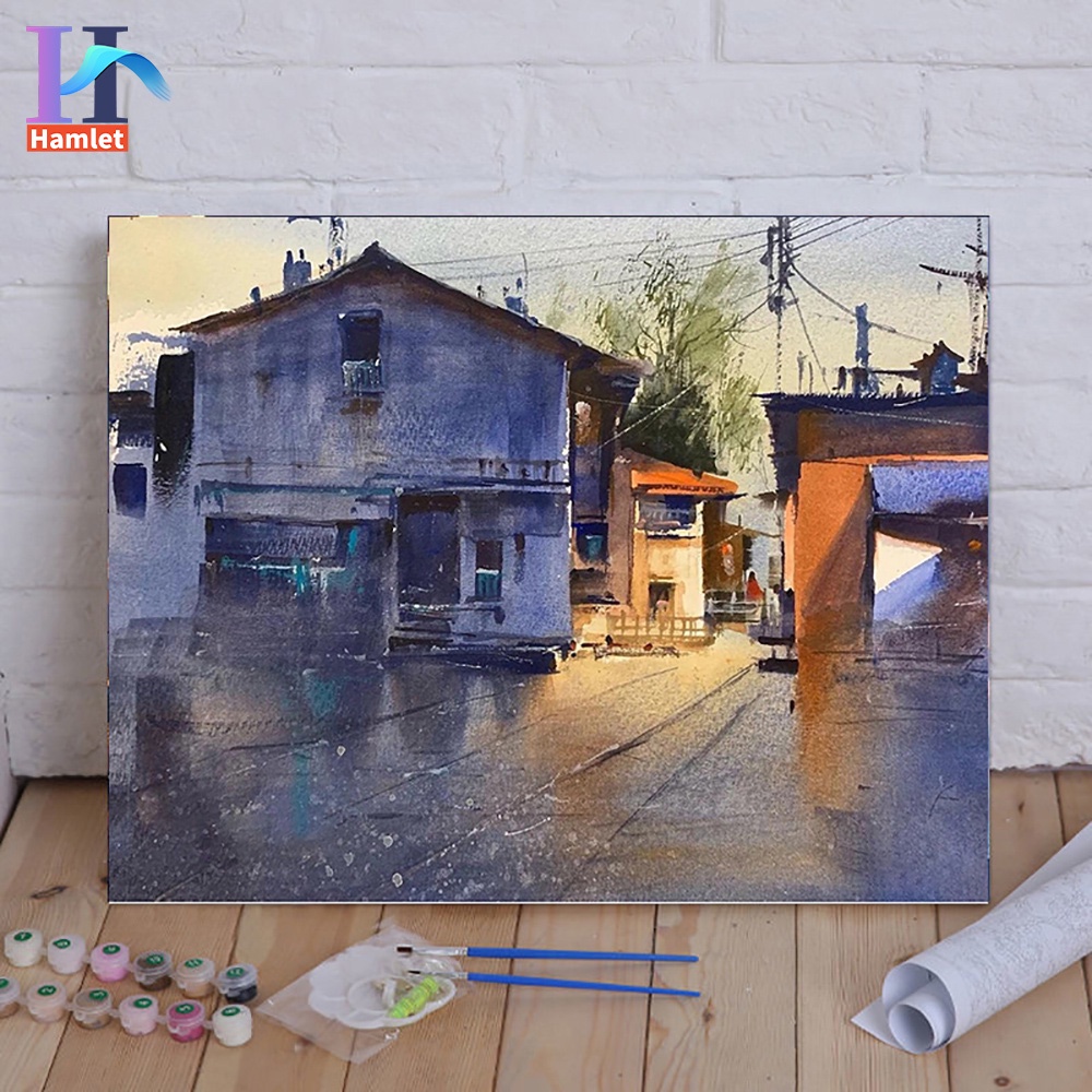 Bộ tranh sơn dầu acrylic Hamlet tô màu theo số phong cảnh hoàng hôn đồng quê Tây Ban Nha trang trí nhà cửa cỡ 40x50cm
