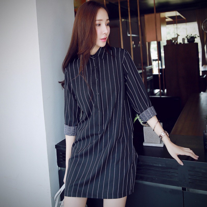 Đầm sơmi họa tiết kẻ sọc tay dài cổ bẻ thanh lịch thời trang cho nữ | BigBuy360 - bigbuy360.vn