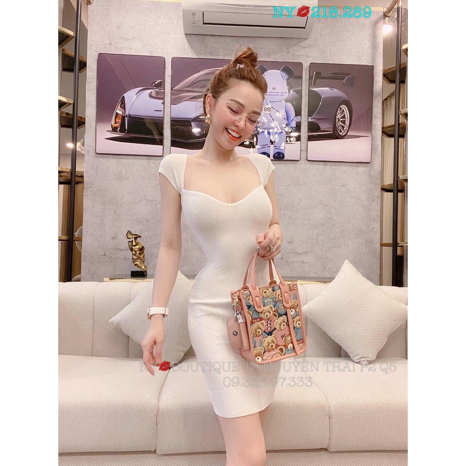 đầm gân body kiểu cổ vuông rộng cúp ngực