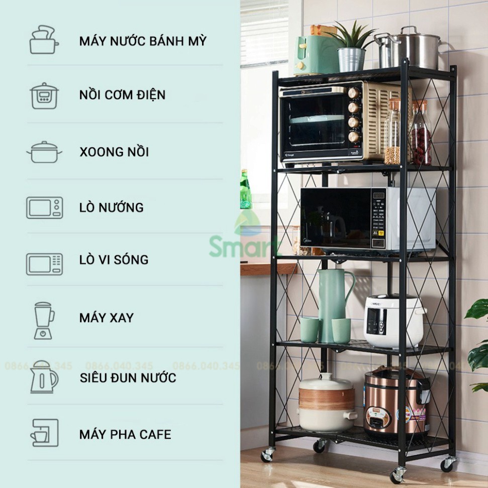 Kệ đa năng gấp gọn có bánh xe 3 tầng, 4 tầng, 5 tầng để cây cảnh, lò vi sóng, lò nướng, sách vở